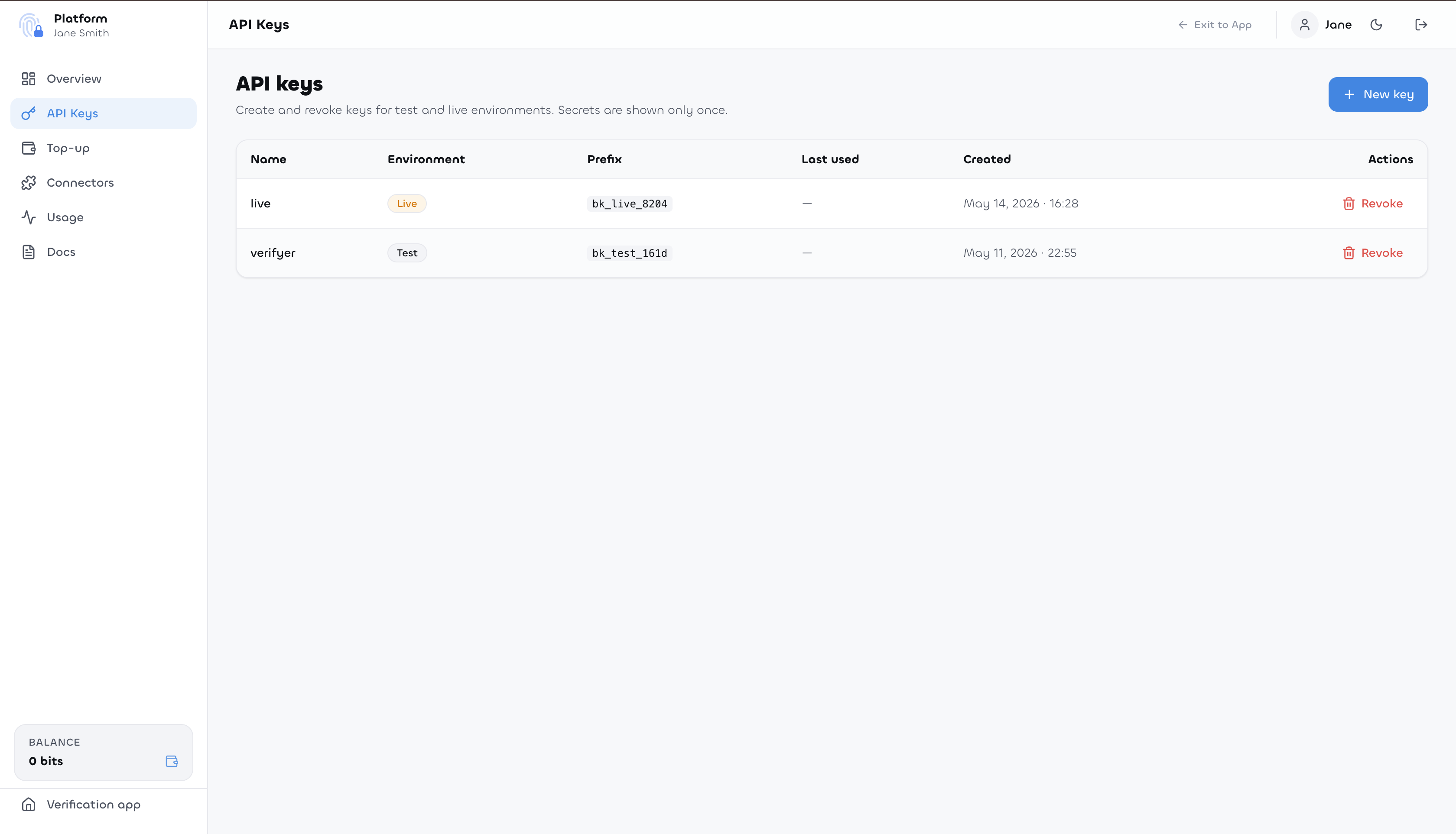Bitcheck API keys management